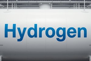 hydrogen fuel tank in while with written Hydrogen in blue on that image for posting on blog that has title different methods to product hydrogen fuel